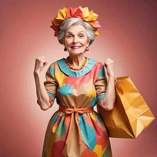 Prompt: a older woman is dressed as a paperbag princess. sje is confident and powerfil becuase she belives in herself.
