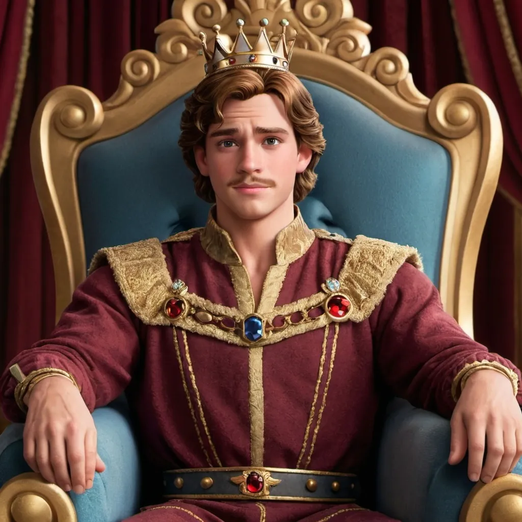 Prompt: a Disney king on his throne , with brown hair , hazel eyes