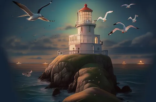 Prompt: Captivating scene of a wise woman on a serene beach, gazing out at the ocean. Seagulls soaring in a clear blue sky, keeping watch over the horizon. Vibrant colors of dawn light casting soft hues on the water, creating a tranquil ambiance. In the foreground, delicate fairy penguins nestled beneath a majestic lighthouse, under a warm, golden glow. Ultra-detailed, high-quality imagery, evoking a sense of harmony and natural wonder.