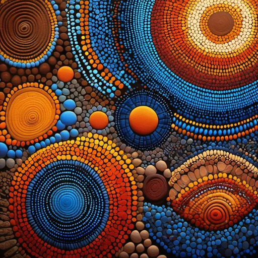 Prompt: (vibrant colourful dot patterns), (outback Australia), rich textures, mesmerizing designs, (abundant colors), arid landscapes, deep blue skies, warm earth tones, (traditional Aboriginal art influence), mesmerizing background, unique artistic representation, sunlight filtering through vivid patterns, high quality, ultra-detailed, dynamic composition.