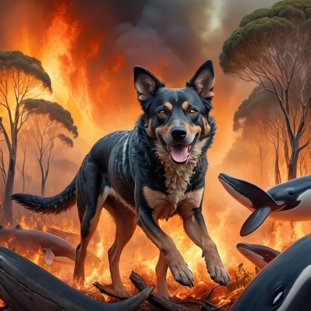 Prompt: fire fighting Mongrel dog, gum trees, bushfire, curley life saving dog, whales
