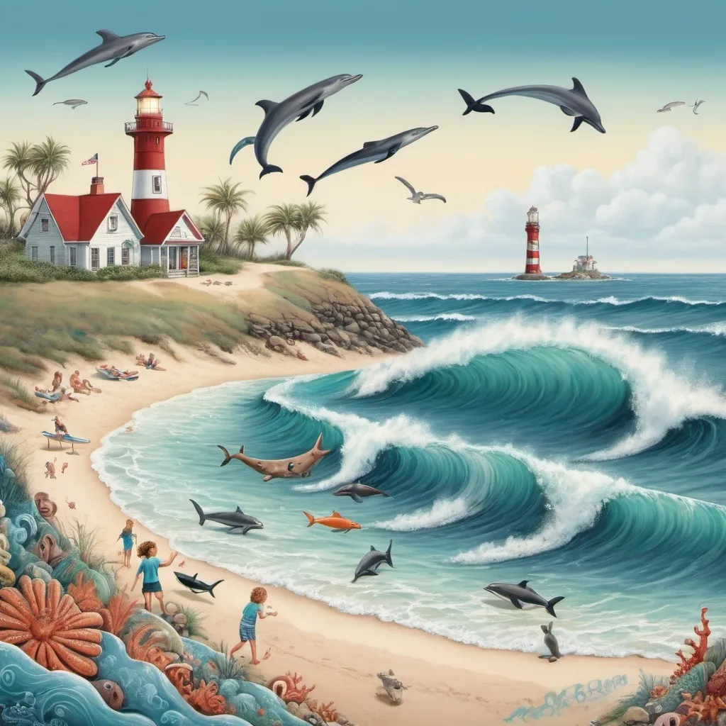 Prompt: Whimsical scene of Curly patrolling Eleventh Beach,  surf beach and a lighthouse . talks to barracuda, octopus, dolphins and seals who play in waves.



