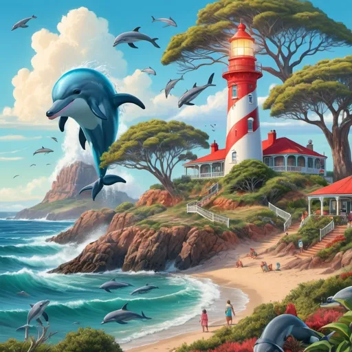 Prompt: (australian gum trees), rugged bush along the beach, towering waves crashing, a lifesaving dog with (curly, scruffy red and black fur), playful dolphins, lively seals, vibrant octopus and barracuda swimming near the shore, a majestic lighthouse in the background, charming clubhouse nestled within greenery, (vibrant colors), high energy scene, (sunny atmosphere), (ultra-detailed), (4K).