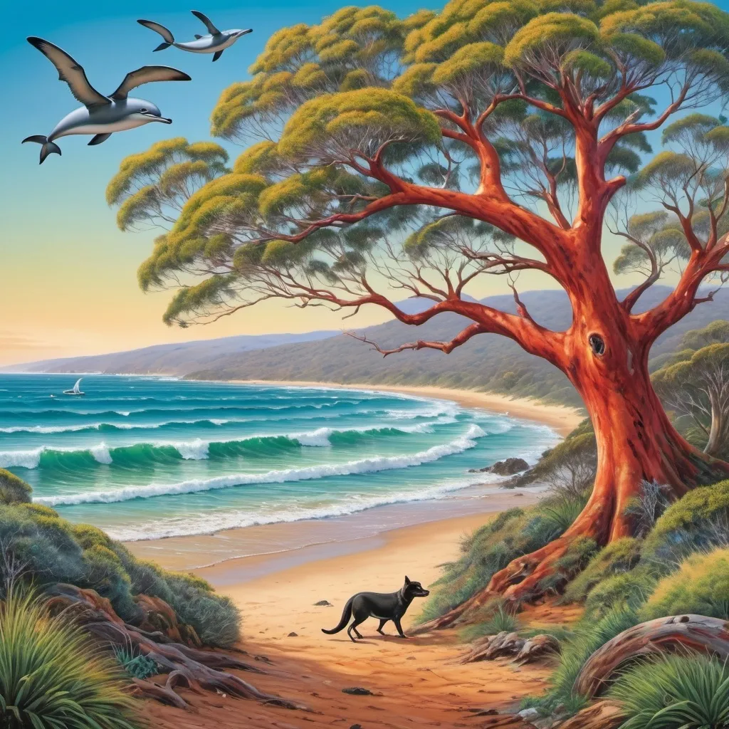 Prompt: australian gum trees, bush on beach with big waves and lifesaving dog with curly scruffy red and black fur dolphins, seals, octopus and baraccuda