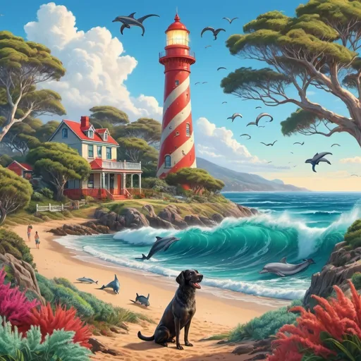 Prompt: (australian gum trees), rugged bush along the beach, towering waves crashing, a lifesaving dog with (curly, scruffy red and black fur), playful dolphins, lively seals, vibrant octopus and barracuda swimming near the shore, a majestic lighthouse in the background, charming clubhouse nestled within greenery, (vibrant colors), high energy scene, (sunny atmosphere), (ultra-detailed), (4K).