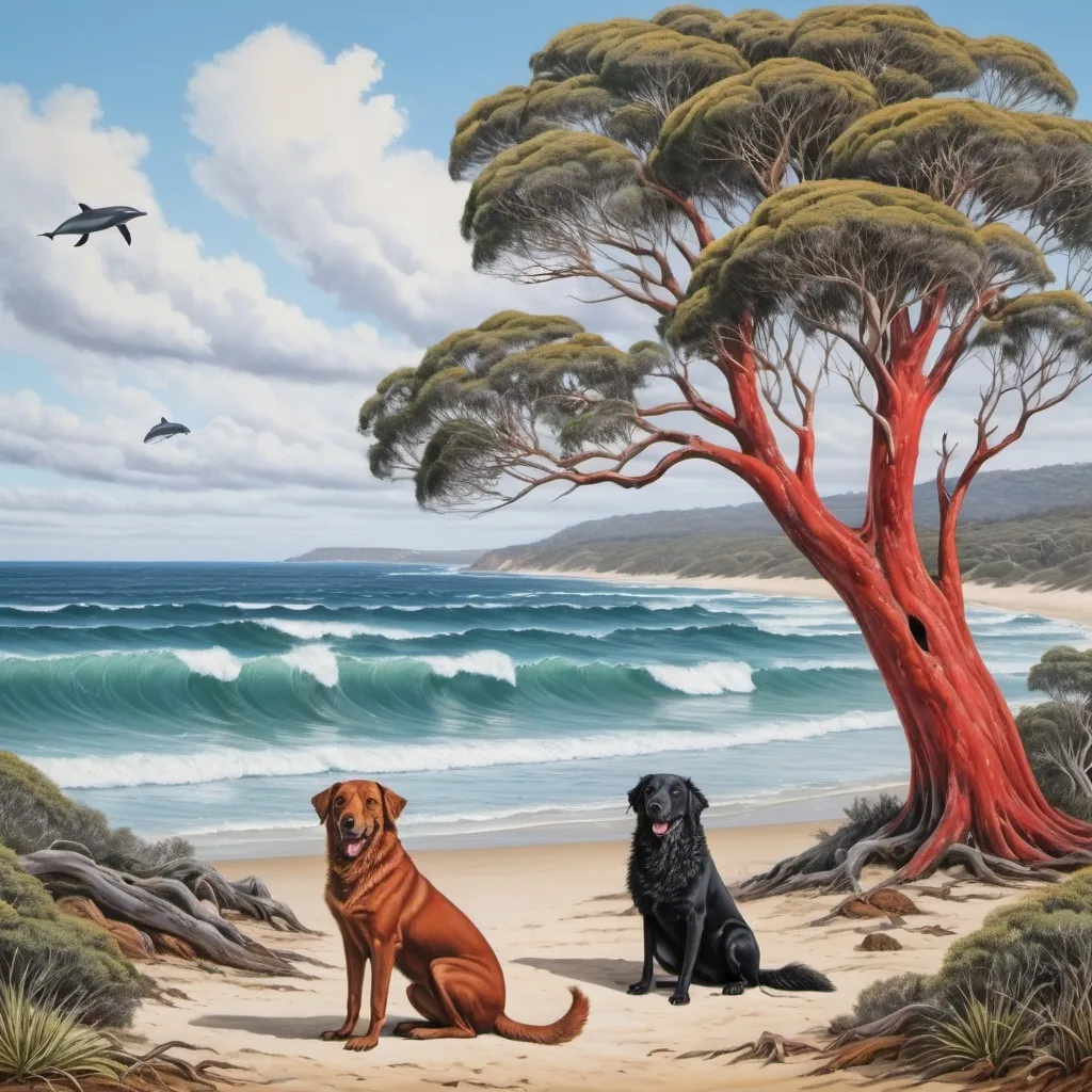 Prompt: australian gum trees, bush on beach with big waves and lifesaving dog with curly scruffy red and black fur dolphins, seals, octopus and baraccuda