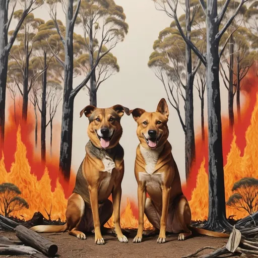 Prompt: whimsical collage mongrel dogs father and mother bushfire fighters gum trees flames gum trees 





