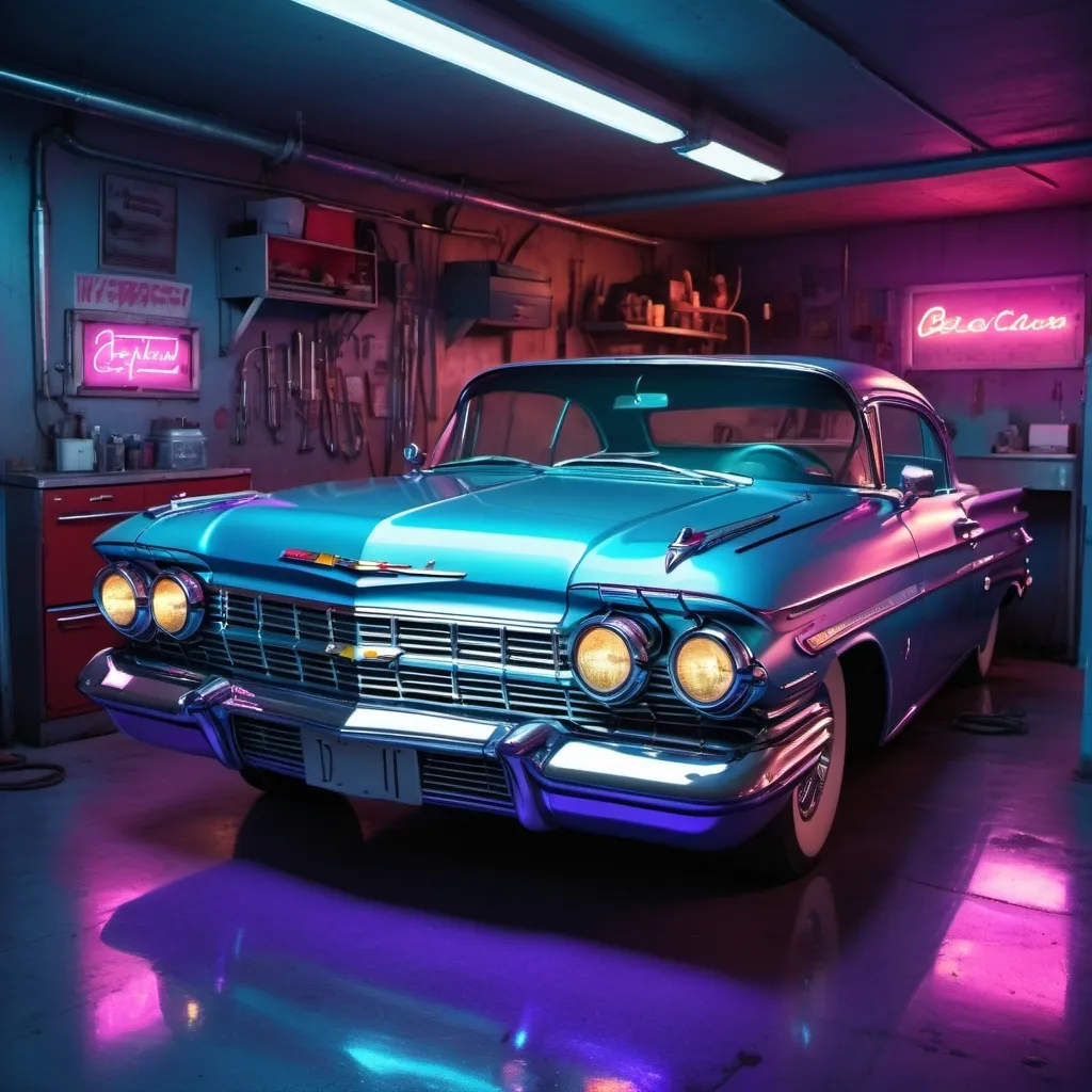 Prompt: A 59 chevy impala parked in underground workshop garage bathed in neon  light