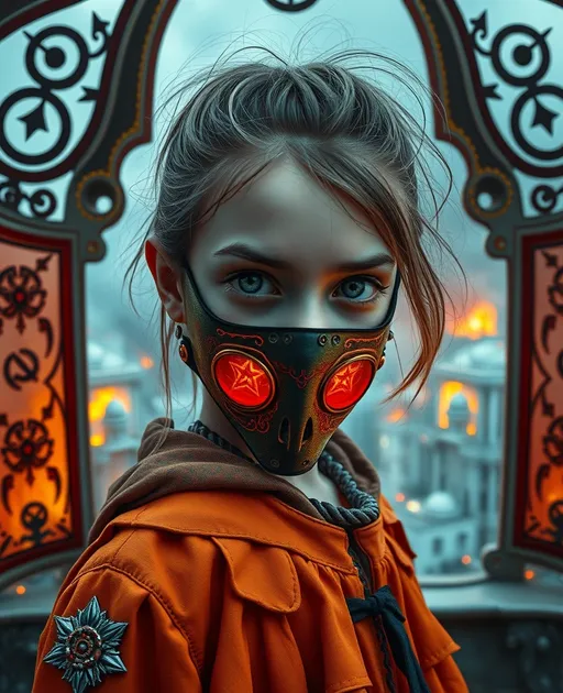 Prompt: Extremely Realistic naturalistic casual profile portrait of Young pretty 12 year old pretty plain sweet varied haired varied girl is an evil angry child villain wearing terrifying multiethnic creepy matte varied-color textural elaborate with embroidery, illuminated accents and lavish decoration. multi colored steam punk style mask over her mouth. Normal eyes. Streaky eye make-up. Varied camera angles. Varied focal lengths. Smooth texture surface, art deco watercolor, guache. nightmarish dystopian scene with steam punk stained glass 3-d frame. Wide angle of girl child stands at the enormous steam punk veranda patio overlooking vast burning inferno Kowloon Walled City outside. Fantastical inferno. kid child has bold streaky eye makeup. Illuminated motifs. dramatic movie cinema camera angles. Exreme background scenes horror movie cinematic action. Unique elaborate ornate 3-d steam punk surrealist illuminated stained glass frame, Highly detailed cracked oil painting, watercolor painting, rococo, chiaroscuro. extensive illuminated motifs. 3-d Extreme wide panoramic scene view,  ultra-high definition resolution animation. year old . Dimensional frames, interactive dynamic elaborate 3-d frames. Extensive use of motifs, orange color motifs, death motifs, Hollywood motifs, McDonald's motifs, Soviet symbol motif,hazard symbol motif, snake motifs, cosmos motifs, American flag motifs, monster motifs, communist motifs, Hollywood movie stars motifs, war motifs, zodiac motifs, occult motifs, biblical motifs, dynamic movie background scenes, dramatic intriguing light. monster vampire scary clown cyborg, streaky patchy orange face makeup, kid child cyborg zombie, yellow vampire fangs, boney claws, child trump looks happily back at camera, happy with the apocalypse. frame have elaborate ornate steam punk translucent screens, mirror panels, reflective screens, frames with cinematic foreground and background scenes from famous Hollywood movies, multiple simultaneous scenes from Hollywood movies in multi-dim