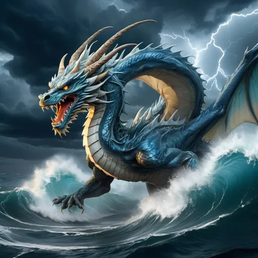 Prompt: (A magnificent dragon like Ryujin), soaring through a massive ocean, (stormy environment), surrounded by powerful hurricanes, (breathtaking depth), vivid turbulence in the water, dynamic waves crashing, (light blue dragon skin) shimmering against the dark storm clouds, lightning illuminating the scene, evoking feelings of awe and inspiration, high-quality detail, cinematic atmosphere, ultra-detailed oceanic depiction, capturing the majesty of nature's fury.