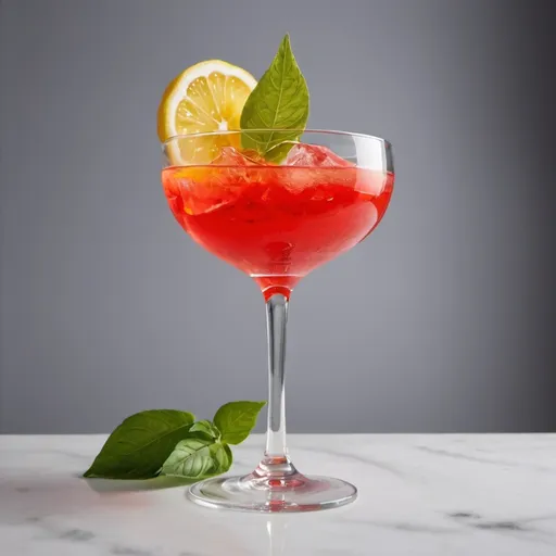 Prompt: cocktail rouge vif transparent
grand verre à pied 
beaucoup de glaçon
juste une feuille de basilic et un zeste de citron pour décorer