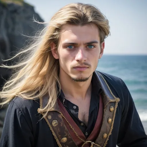 Prompt: image d'un jeune pirate de 25 ans assez grand avec de longs cheveux blonds et un oeil bleu et l'autre caché par un cache oeil noir car il l'a perdu jeune , il a un regard pragmatique et froid porte des vetement de couleurs brune/ noir d'on une chemise assez ouverte pour voir une partie de sont torse il a d'ailleurs quelque trace de cicatrice de lame dessus, il possède 2 sabres et des couteaux cachés dans les manches , il ce tient sur une falaise regardant l'horizon de la mer . l'image doit être complète avec tout sont corps visible