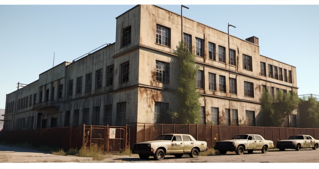 Prompt: (5-story elementary school building), surrounded by rusted metal gates, (sundown) lighting casting warm yet eerie shadows, floodlights illuminating the rooftop, gated windows adding a stark contrast, moss-covered walls creating an overgrown ambiance, abandoned cars lining the street, tense atmosphere with (people standing on the roof with guns), high-detail, cinematic quality, evoking suspense and isolation. People with rifles. Guns. Exterior metal gates around the building. Guards. Military patrol. 