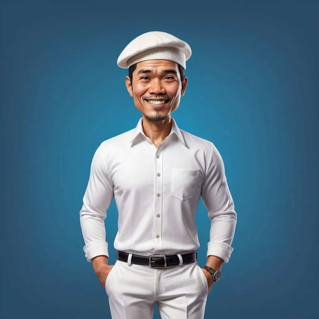 Prompt: Realistic 4D caricature of a 35 year old Indonesian man, wearing a skullcap, wearing a white regent official shirt, white formal trousers, loafers, standing proudly, blue gradient background