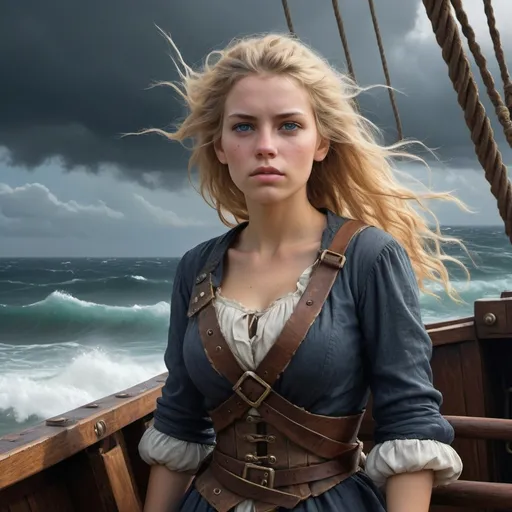 Prompt: Grimy 24-year-old blonde pirate woman with weathered skin, sea-sprayed hair, and a salty gaze peering out over the worn wooden hull of her storm-battered ship, the rough grey sea stretching out before her like an endless battlefield, waves crashing against the vessel's hull as dark, foreboding clouds gather on the horizon, an airship looming in the distance, its billowing sails tattered, the pirate's tunic a deep, rich blue with sea-worn whites and tawny leather accents, contrasting warm golden light on weathered wood and cold blue shadows, 8k hyper-real fantasy matte painting in the style of Simon Stalenhag, ZBrush textures and Unreal Engine 5, detailing reminiscent of Iain McCaig's concept art, loose brushstrokes echoing the rugged seascape