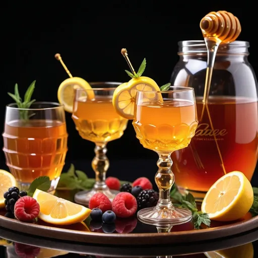 Prompt: a jar of honey with beautiful cocktails in an elegant style