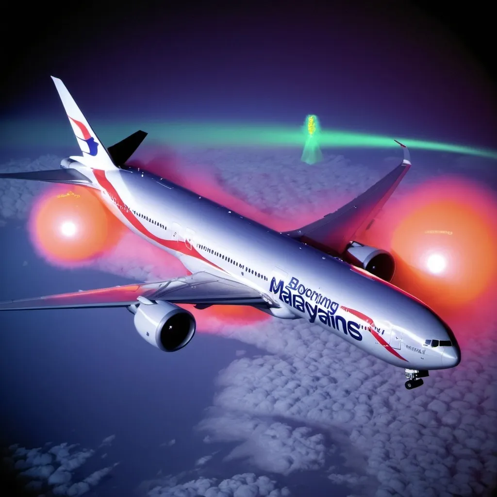 Prompt: A Boeing Malaysia Airlines 777 shown in thermal vision with a large heat signature beneath the cargo hold, surrounded by three glowing plasma orbs in a tight equilateral triangular formation. This occurs while airborne in flight at night.
