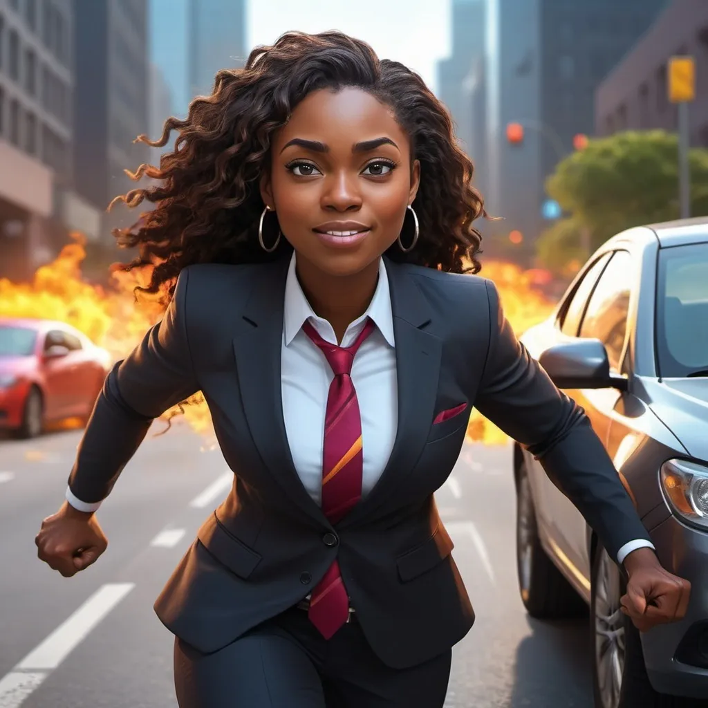 Prompt: create a cartoon of a professional black female insurance hero with T logo on her chest  saving her clients from car accident