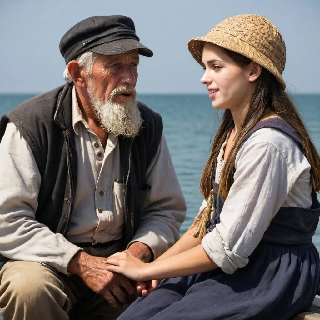 Prompt: an old fisherman talking a young woman