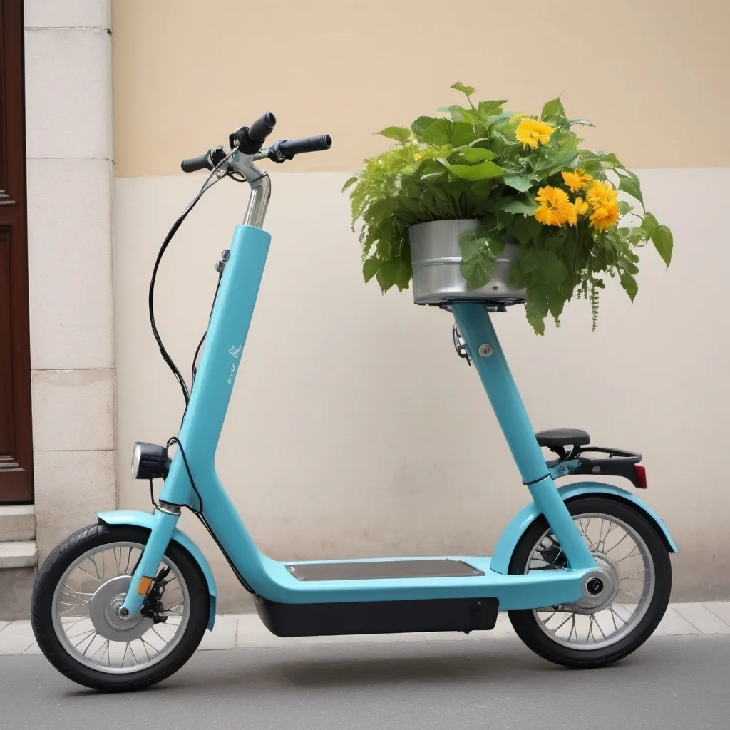 Prompt: "Une trottinette électrique moderne et élégante se trouve au centre de l'image. Autour de la trottinette, il y a des éléments visuels qui symbolisent l'écologie et la durabilité, comme des feuilles vertes, des fleurs, des panneaux solaires, et un ciel bleu clair avec quelques nuages blancs. En arrière-plan, on peut voir un paysage urbain propre avec des pistes cyclables et des espaces verts bien entretenus. En comparaison, il y a une voiture et un vélo de chaque côté, avec des flèches montrant que la trottinette est l'option la plus écologique. Des icônes de recyclage et des symboles de réduction des émissions de CO2 sont dispersés pour renforcer le message écologique."



