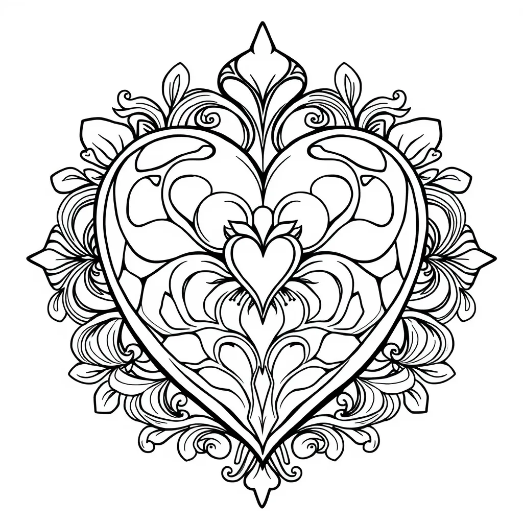 Prompt: black and white, 2D (bold line drawing),  art deco, flow heart ornament, (no shading), (crisp outlines), (strong shapes), creative simplicity, pristine white background, minimalist design,, clear outlines for easy coloring, fun and engaging elements, whimsical background details, inspiring creativity for kids, lighthearted and joyful atmosphere, perfect for a kids' coloring book.