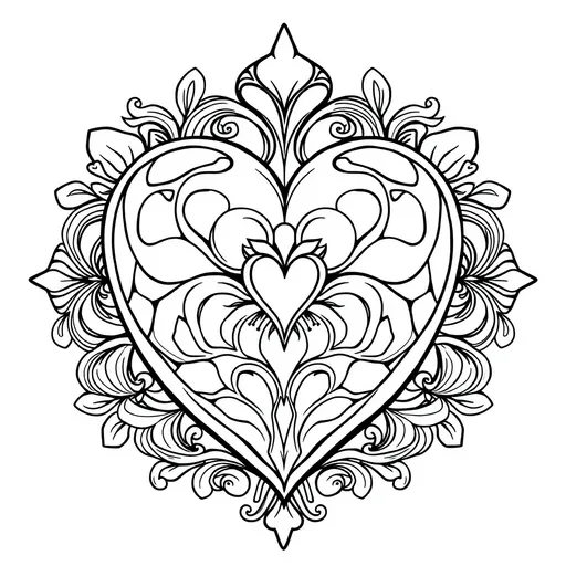 Prompt: black and white, 2D (bold line drawing),  art deco, flow heart ornament, (no shading), (crisp outlines), (strong shapes), creative simplicity, pristine white background, minimalist design,, clear outlines for easy coloring, fun and engaging elements, whimsical background details, inspiring creativity for kids, lighthearted and joyful atmosphere, perfect for a kids' coloring book.