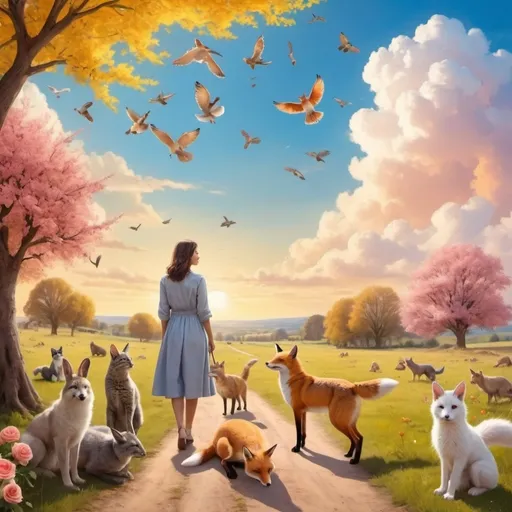 Prompt: a woman at the background who is communicated with some  animals: dog, cat, bunny, a fox on the ground but  no birds in a beautiful landscape, blu sky, white clouds and rose and yellow atmosphere  