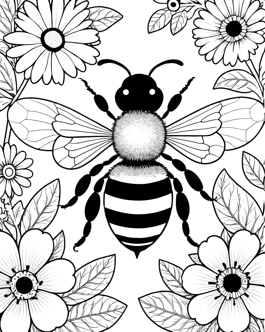 Prompt: black and white, (intricate coloring pages), close-up of a bee sitting gently on a flower, delicate textures and patterns of the petals and wings, whimsical design elements, elegant shapes, stunning line art, mesmerizing visual composition, high-quality illustration, suitable for artistic coloring.