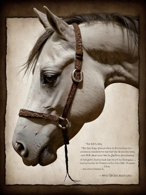 Prompt: (accurately spelled text "The Sixth Day-Genesis 1:24-31"), horse face profile, (striking contrast) with a cross on one side, deep emotional impact, muted earthy tones, intricate details, high resolution, spiritually evocative ambiance, serene and reflective mood, showcasing nature's beauty intertwined with biblical symbolism.