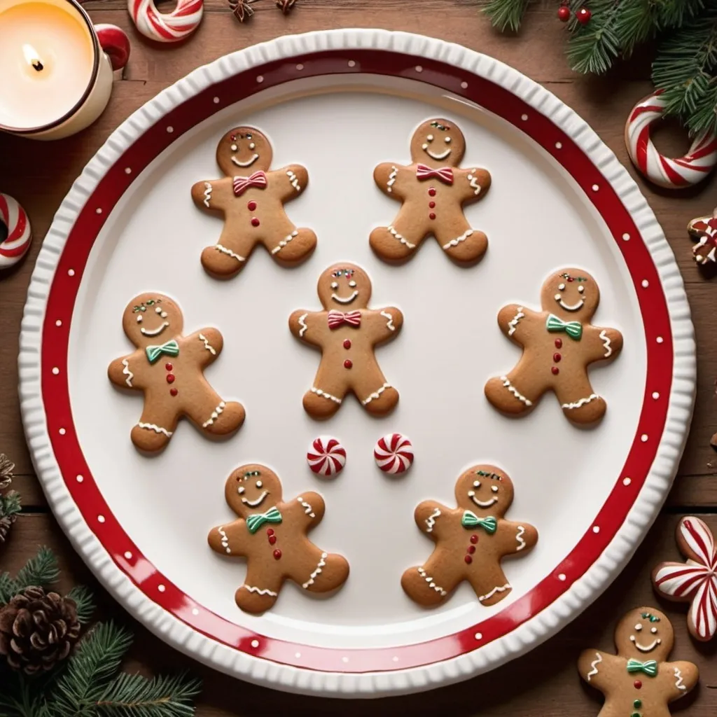 Prompt: ceramic cookie plate with peppermint stripe going around edge and gingerbread people on rim
