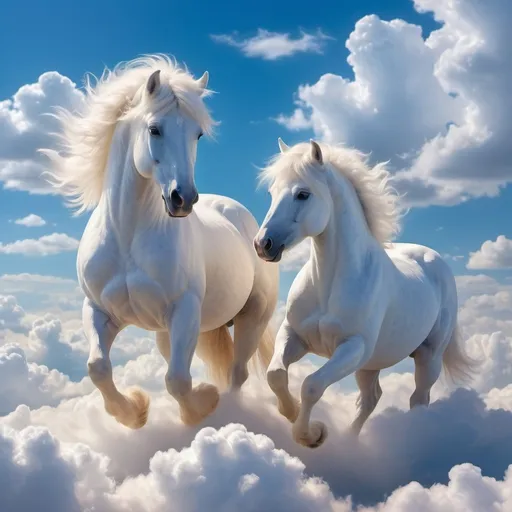 Prompt: two horses made of clouds living in the blue sky