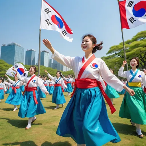 Prompt: (south korean liberation) 79th anniversary celebration, (vibrant colors), traditionally attired people participating in joyful festivities, south korea flags waving in the city hall, cultural performances showcasing folk dance, smiles and laughter all around, lush green park setting under a bright blue sky, high-energy atmosphere, HD, ultra-detailed image capturing the essence of hope and freedom, commemorative spirit