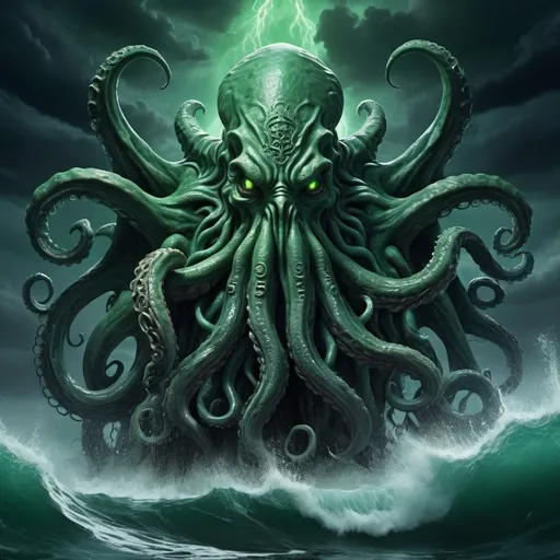 Prompt: (Cthulhu), (deity), tentacled horror, imposing figure rising from dark waters, eerie and ominous, glowing green eyes, intricate details on the monstrous forms, mystic symbols surrounding, chaotic energy, dramatic shadows, stormy skies, vibrant dark colors, unsettling ambiance, high detail, 4K resolution, captivating and chilling atmosphere, representing cosmic terror and ancient power.