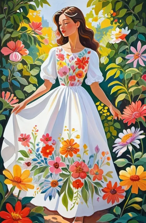 Prompt: a woman in a lush floral pattern puffy white dress , Annabel Kidston, naive art, bold shapes, a gouache