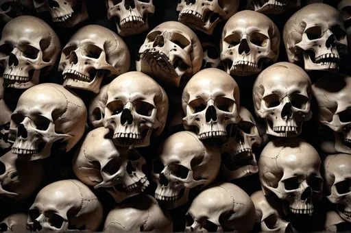 Prompt: pile of hundreds of human skulls, high detail and realism, dark and shadowy atmosphere