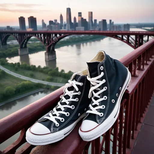 Prompt: A pair of converse shoes sitting on the railing of a high bridge overlooking a river, city skyline in background, urban, morning, bold colors, vertigo, striking, heavy use of light and dark, contrast
