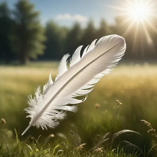 Prompt: a breathtaking photorealistic image of a single white down feather floating in the wind, feather is tiny and wispy and curled, feather is floating above a meadow background, sun is shining, the image conveys fragility and vulnerability   