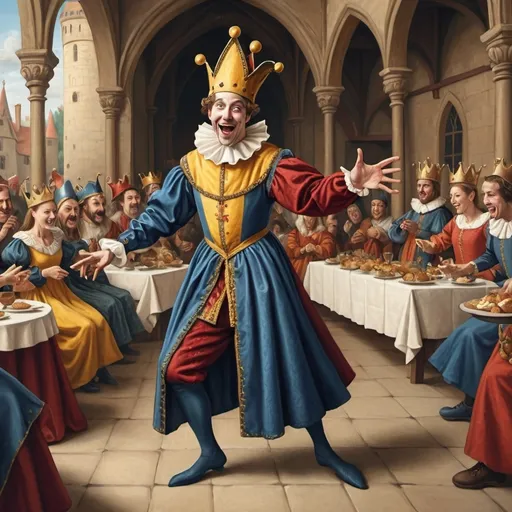 Prompt: image in the style of a medieval painting depicting a male court jester at a medieval high feast, he dances to gain the attention of the royals and the queen attending the feast