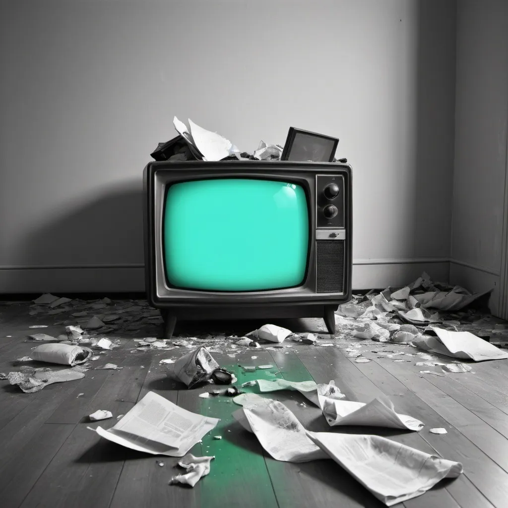 Prompt: generate a black and white image of a cathode ray TV sitting on the floor of an unfurnished room, with broken dishes and littered papers and household rubbish scattered at random nearby, make the TV screen flash red and blue and green and there is no other colour in the image