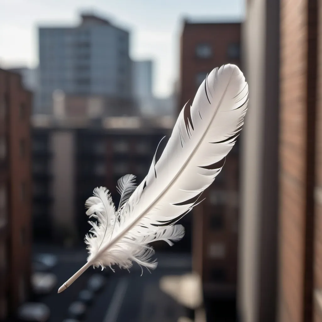 Prompt: Generate an image of a single white down feather floating in the wind, feather is small and wispy and curled, feather is floating above an urban background, the image conveys fragility and vulnerability   