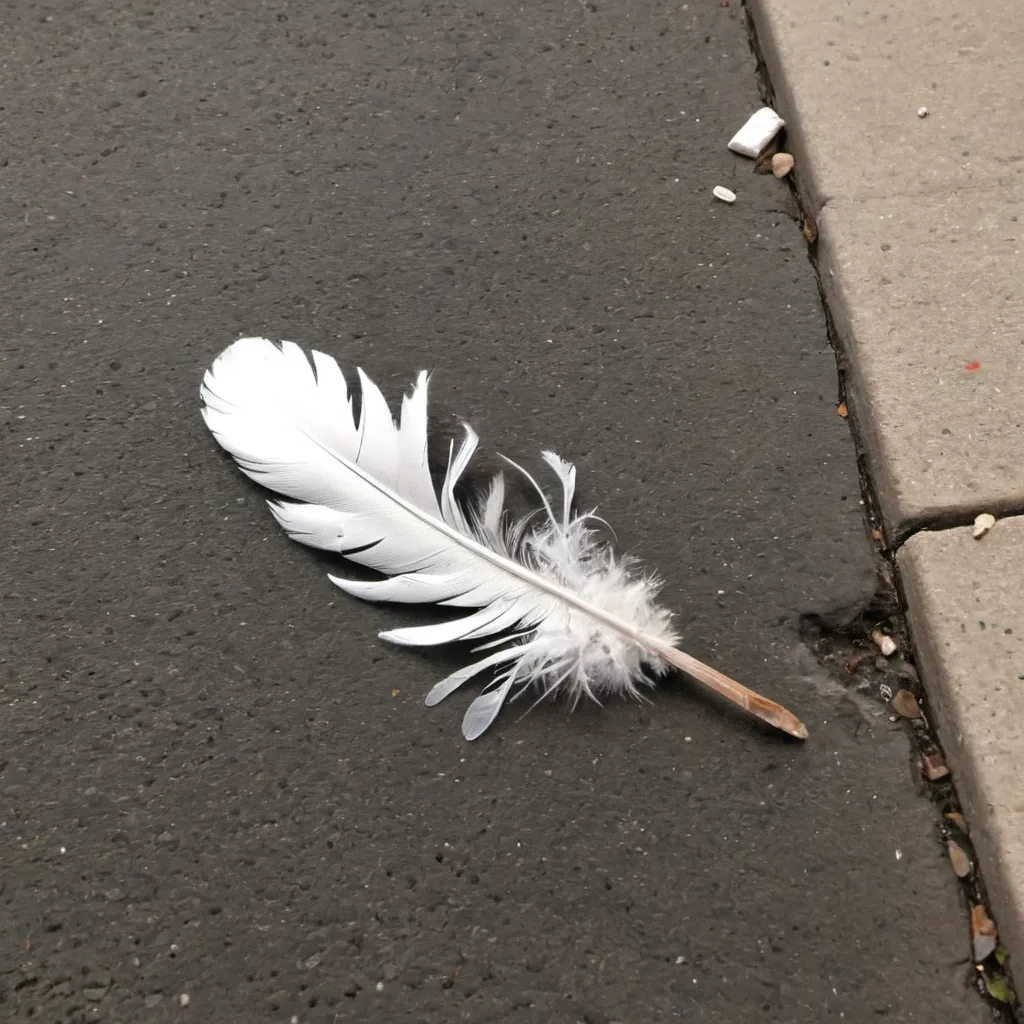 Prompt: a tiny and dirty and broken down feather lays on a sidewalk