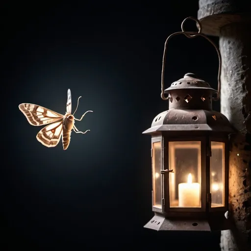 Prompt: a tiny moth flies towards a large rustic lantern, wing backlit from the lantern, dark night background in which the lantern is the only light source, delicate features, fragile, lonely, photorealistic