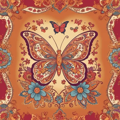 Prompt: Box carton design.  Warm Colors.  Paisley with flowers, hearts, and butterfly. Bohemian Johnny Was style. 