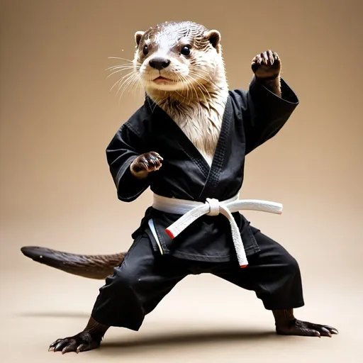 Prompt: otter doing karate wearing a black belt and a karate gi
