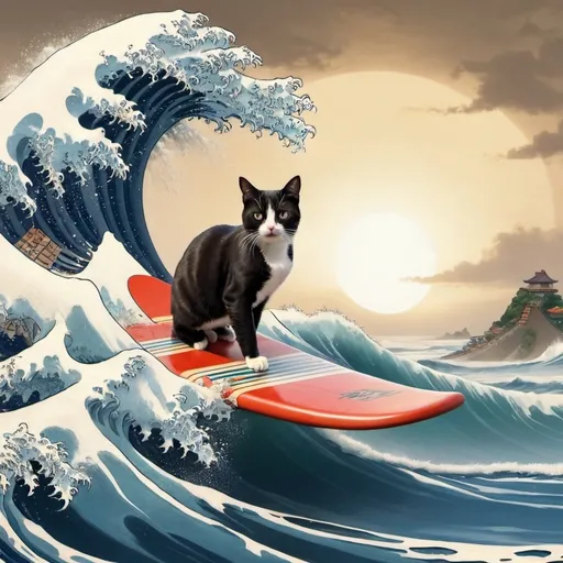Prompt: cat surfing on the great wave

 