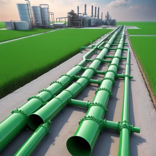 Prompt: Green pipeline with three pipeline branching off the centre one connected to Fertiliser manufacturing plant and a glass manufacturing plant 
 3D format

