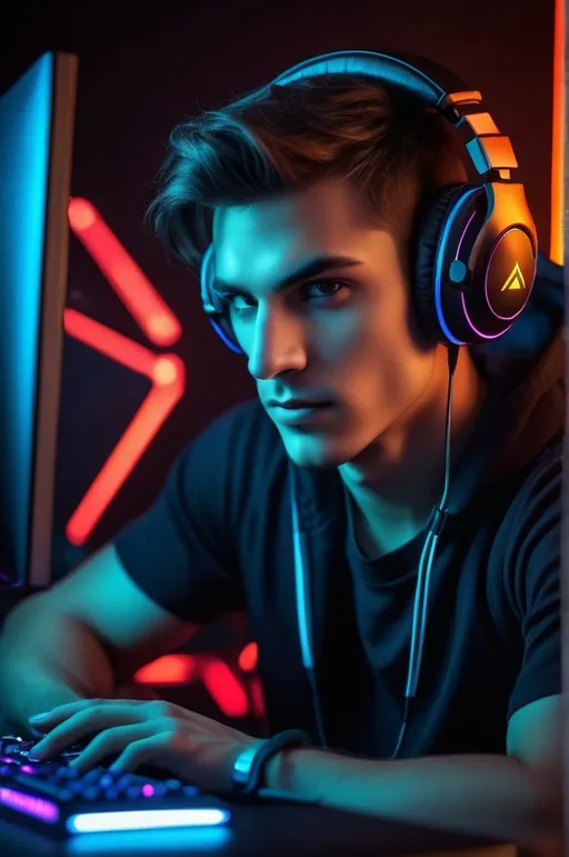 Prompt: (young male gamer), detailed facial features, intense expression, wearing stylish (headphones), surrounded by high-end gaming PC monitors, futuristic atmosphere, vibrant LED lighting reflected on the screen, immersive gaming setup, (ultra-detailed), energetic and focused mood, dark background with glowing accents, cinematic depth, (photo-realistic).