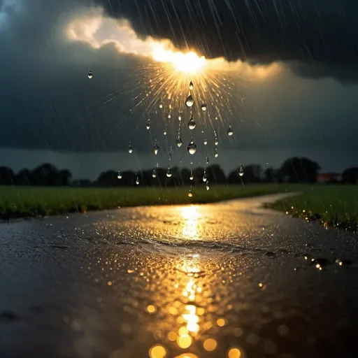 Prompt: Rain is falling onto a sun.