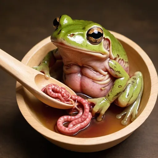 Prompt: Intestines are getting removed out of a frog's sleeping body with a wooden spoon.