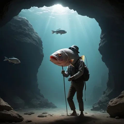 Prompt: Blind human fish arrives from the cave and sees apocaliptic atmosphere.